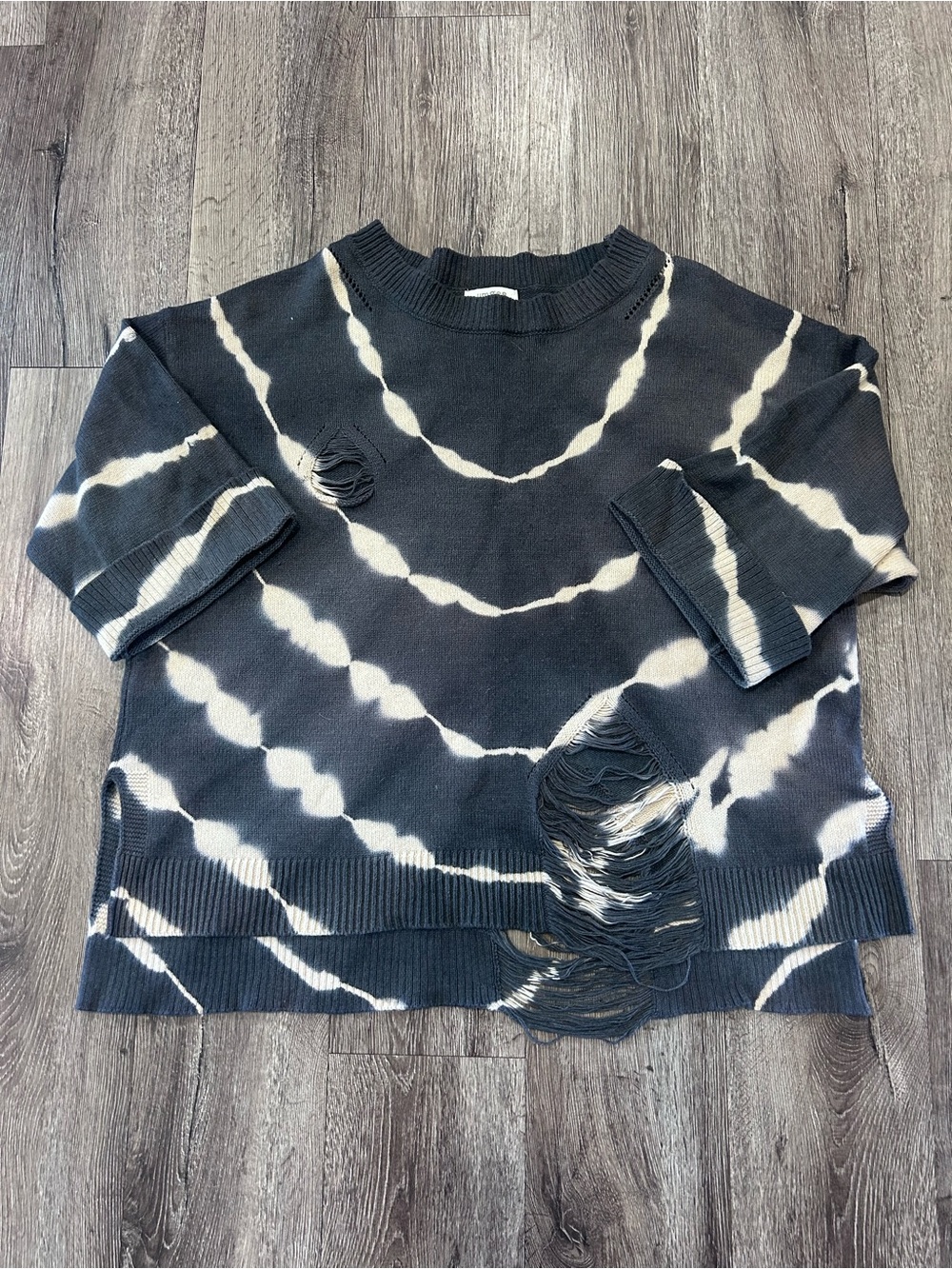 Umgee Black and Cream Tie-Dye Distressed Crewneck Sweater